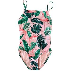 Old Navy Girls Pink Flamingo Tropical Palm Leaf One Piece Swimsuit XS Size-5